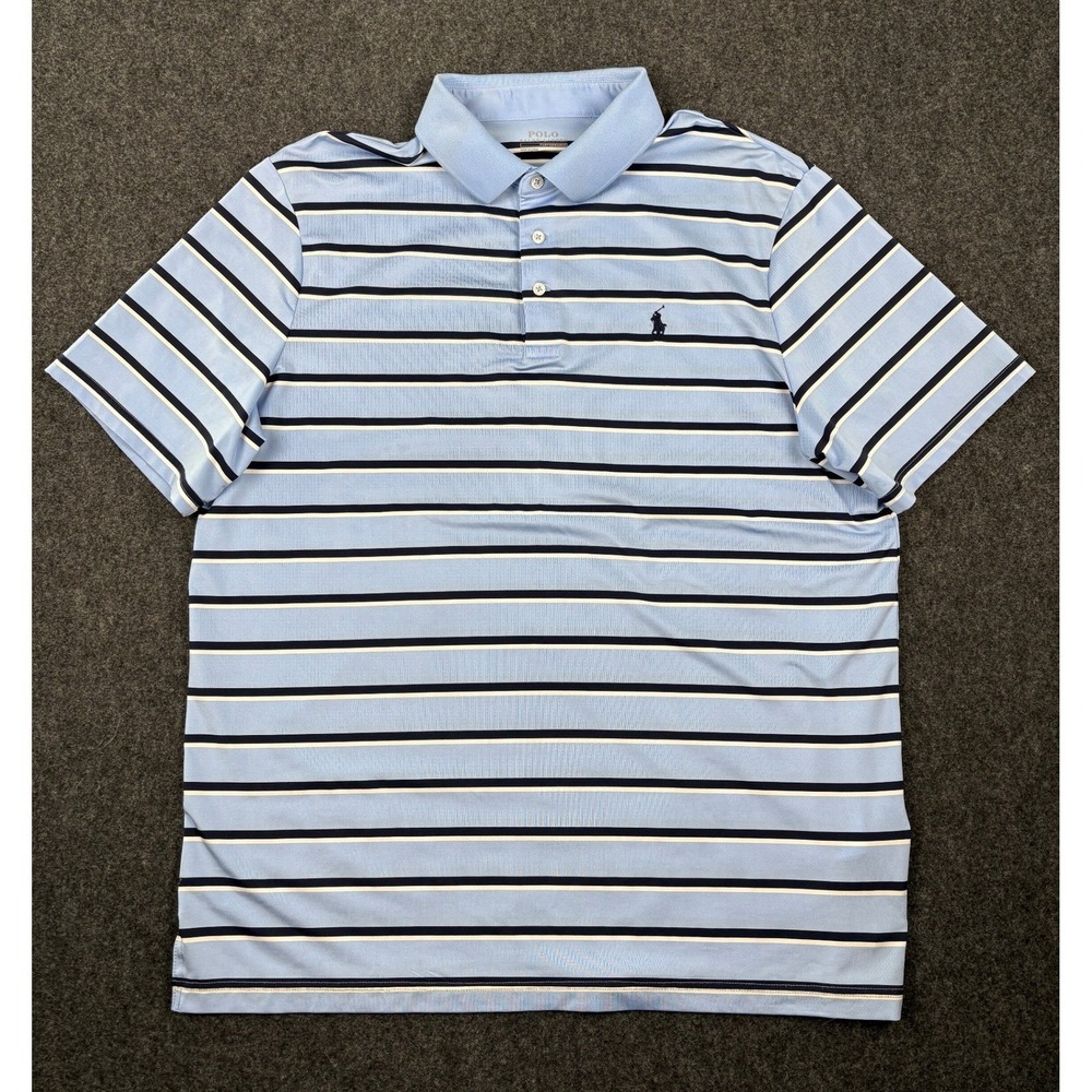 Polo Ralph Lauren Performance Mens Large Blue Striped Short Sleeve Polo Shirt